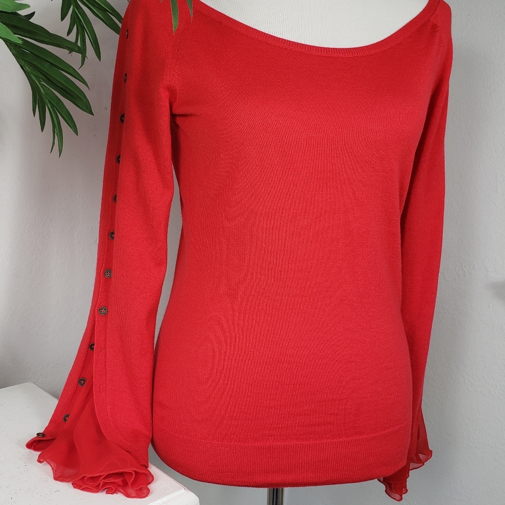 Oscar de la Renta Red w/ Silk Ruffled/Bell Sleeves & Buttons Romantic Holiday M